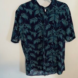 Men’s Large Tropical Leaf Print Shirt Preowned Like New Green and Blue